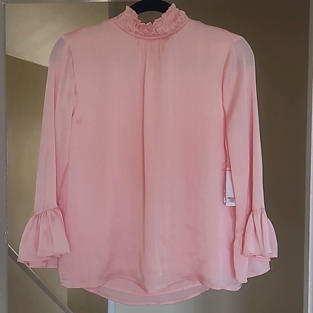 CeCe Pink Mock Neck Ruffle Sleeve Blouse NWT Romantic Work Top Small - Picture 11 of 14